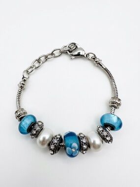Silver Turquoise Blue Lampwork Glass Bead Charm Bracelet Rhinestone Pearl